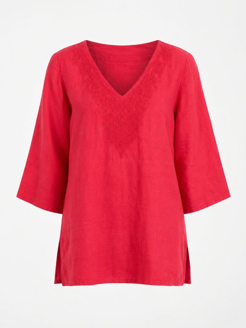 100% Linen Bright Pink V-Neck Embroidered Tunic Top Saint Tropez West